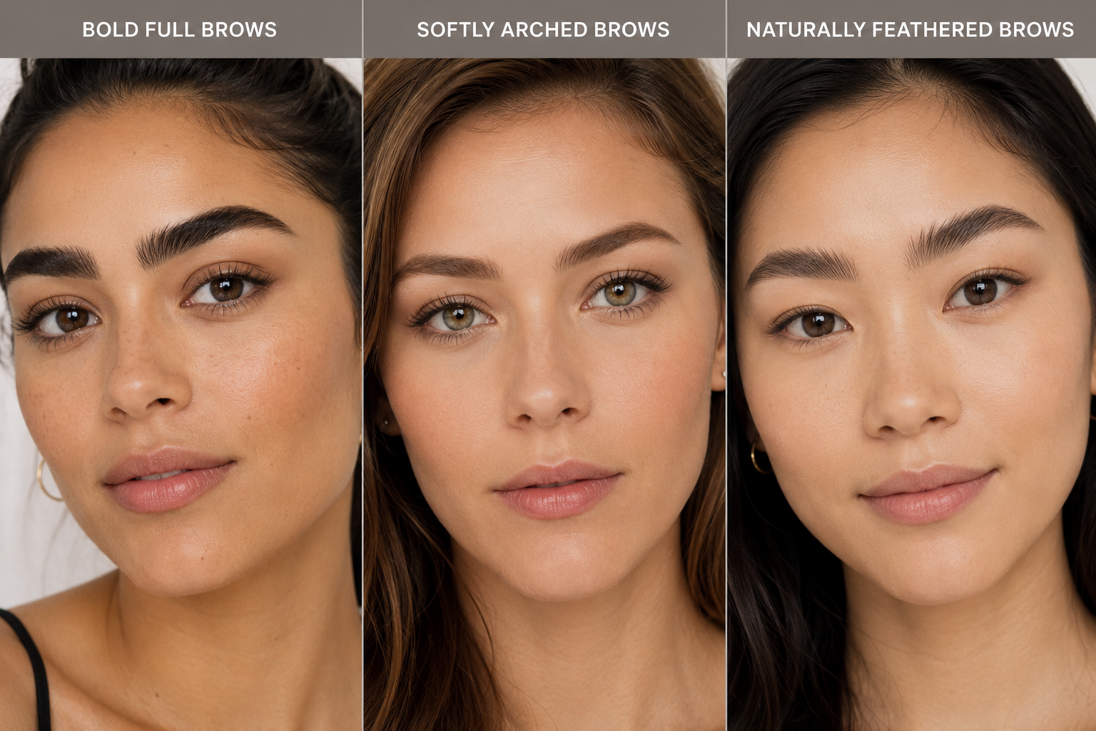 Comparison of bold, softly arched, and feathered eyebrow styles.